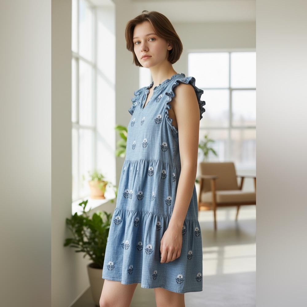 A Loves A Chambray Embroidered Ruffle Tiered Dress with Pockets | Size M | NWT - Picture 2 of 11